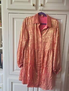 Metallic Coral Gold Button-Front Women's Dress